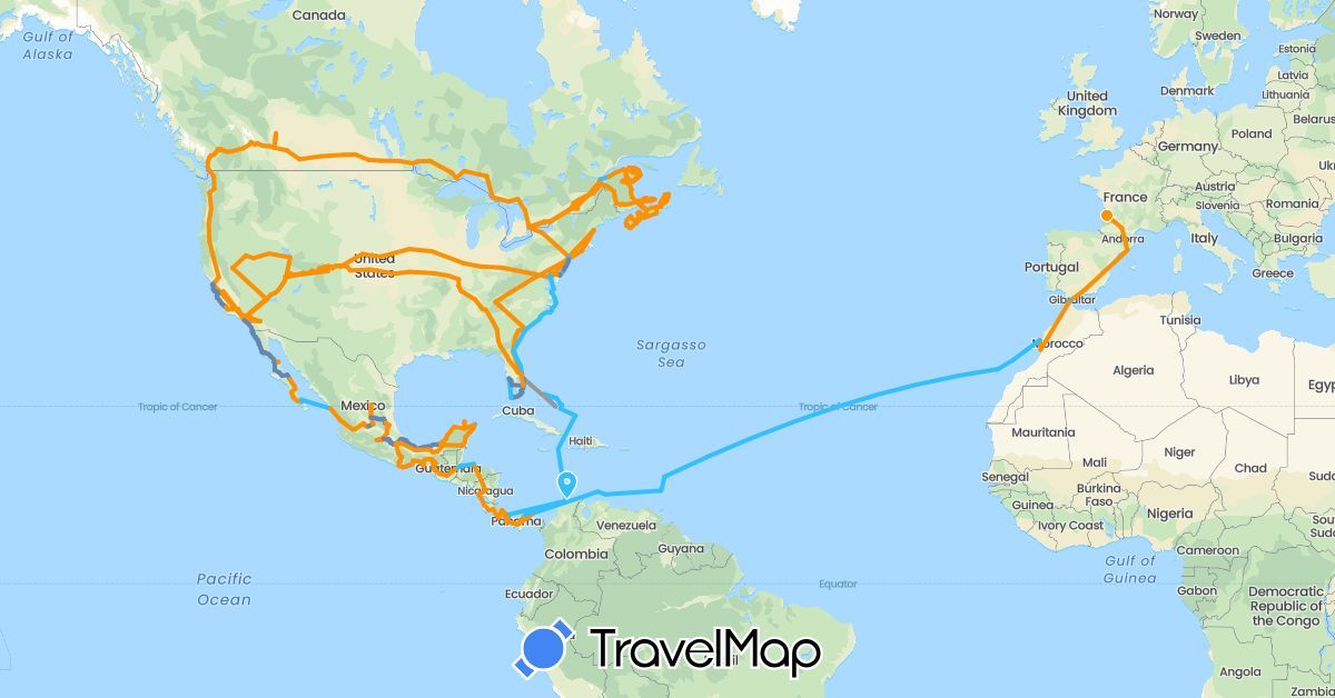 TravelMap itinerary: driving, plane, cycling, boat, hitchhiking in Bahamas, Canada, Colombia, Costa Rica, Spain, France, Guatemala, Honduras, Morocco, Mexico, Nicaragua, Netherlands, Panama, United States, Saint Vincent and the Grenadines (Africa, Europe, North America, South America)